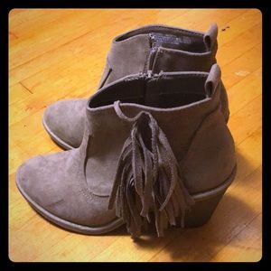 Gray high heeled fringe booties